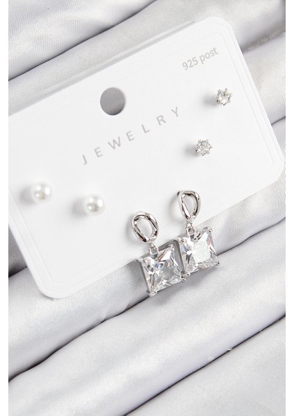 Pirinç Zirkon Taşlı Sallantılı Kare Gümüş Renk 925 Ayar Gümüş Çivi Kadın Küpe Set