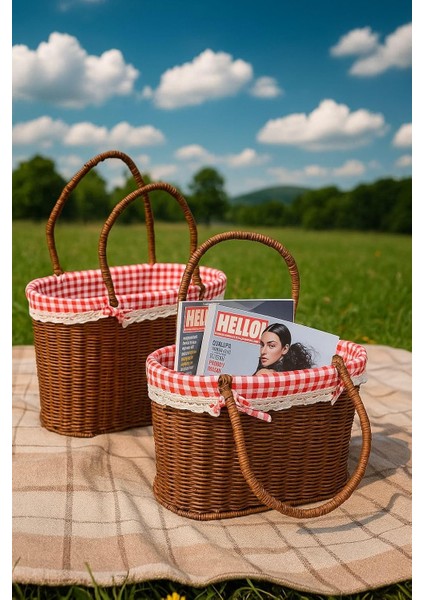 Wicker Serisi Hasır Örme 2&apos;li Bezli Piknik Sepeti