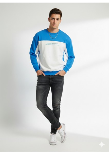 Erkek Bisiklet Yaka Çift Iplikli Baskılı Içi Pamuklu Sweatshirt