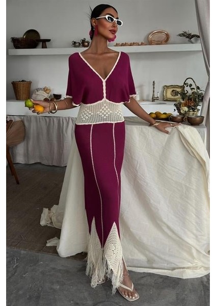 Dantel Desenli V Yaka Triko Elbise 2844