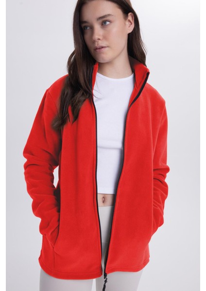 Kadın Kırmızı Anti-Pilling Tüylenme Yapmayan Standart Fit Tam Fermuarlı Soğuk Geçirmez Polar Hırka