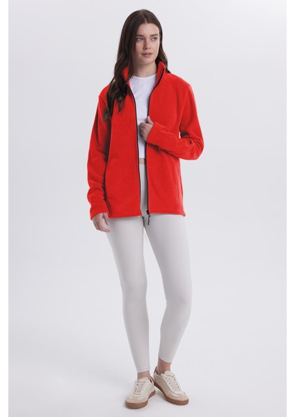 Kadın Kırmızı Anti-Pilling Tüylenme Yapmayan Standart Fit Tam Fermuarlı Soğuk Geçirmez Polar Hırka fırsatları