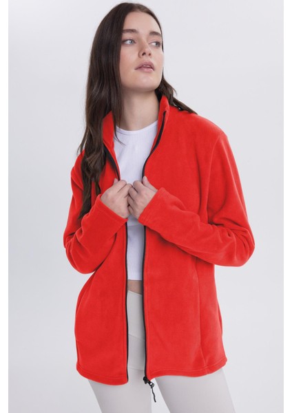 Kadın Kırmızı Anti-Pilling Tüylenme Yapmayan Standart Fit Tam Fermuarlı Soğuk Geçirmez Polar Hırka indirimleri