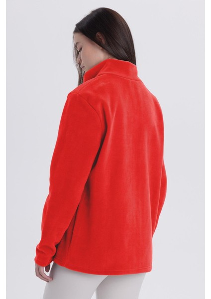 Kadın Kırmızı Anti-Pilling Tüylenme Yapmayan Standart Fit Tam Fermuarlı Soğuk Geçirmez Polar Hırka