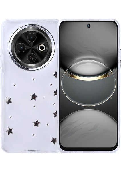 Tecno Spark 30C Kılıf Kamera Koruyucu Simli Lale Desenli Kabartmalı Şeffaf Slikon Kapak