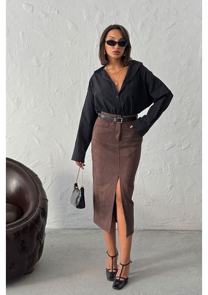 kahve süet etek modelleri