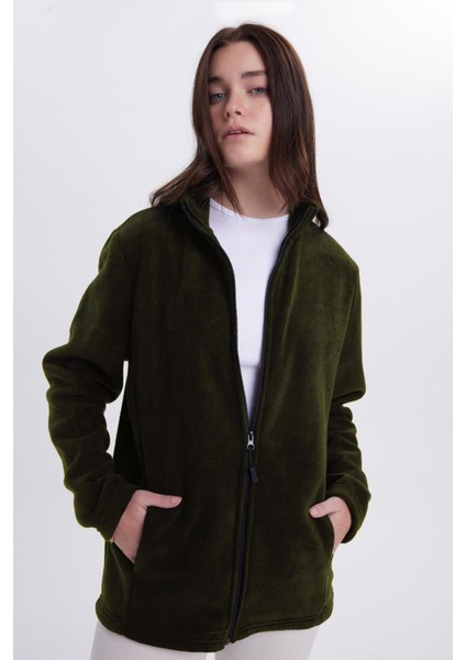 Kadın Koyu Haki Anti-Pilling Tüylenme Yapmayan Standart Fit Tam Fermuarlı Soğuk Geçirmez Polar Hırka