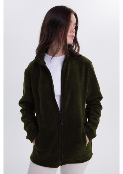Kadın Koyu Haki Anti-Pilling Tüylenme Yapmayan Standart Fit Tam Fermuarlı Soğuk Geçirmez Polar Hırka fiyatları