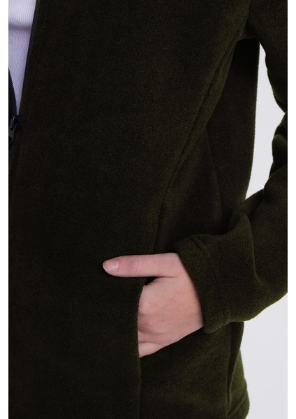 Kadın Koyu Haki Anti-Pilling Tüylenme Yapmayan Standart Fit Tam Fermuarlı Soğuk Geçirmez Polar Hırka modelleri