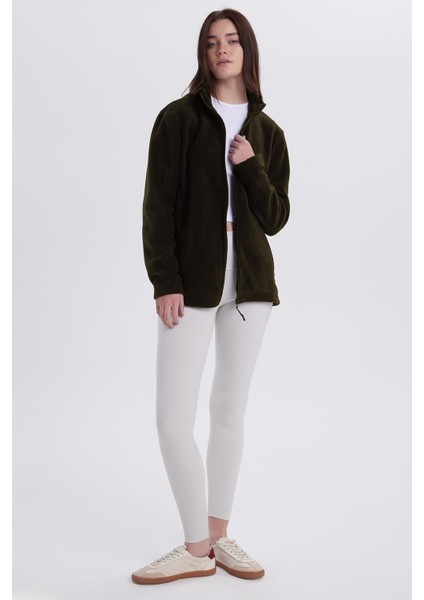 Kadın Koyu Haki Anti-Pilling Tüylenme Yapmayan Standart Fit Tam Fermuarlı Soğuk Geçirmez Polar Hırka fırsatları