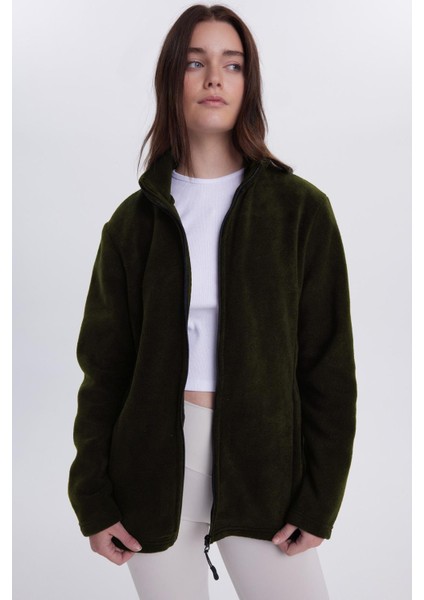 Kadın Koyu Haki Anti-Pilling Tüylenme Yapmayan Standart Fit Tam Fermuarlı Soğuk Geçirmez Polar Hırka indirimleri