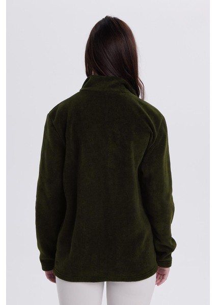 Kadın Koyu Haki Anti-Pilling Tüylenme Yapmayan Standart Fit Tam Fermuarlı Soğuk Geçirmez Polar Hırka