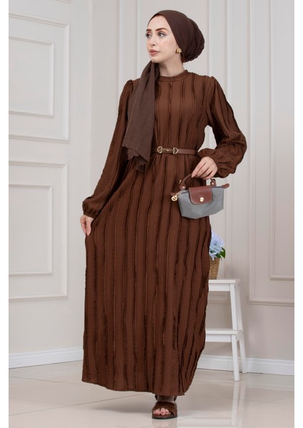 Fırfır Detaylı Rüya Elbise-Kahverengi