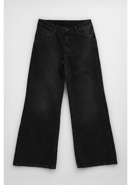 Kadın Antrasit Yüksek Bel Wide Leg Jean Pantolon