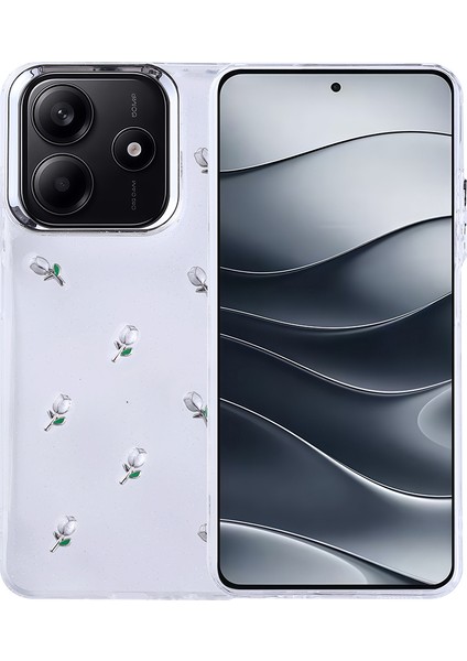 Xiaomi Redmi Note 14 4g Kılıf Kamera Koruyucu Simli Lale Desenli Kabartmalı Şeffaf Slikon Kapak