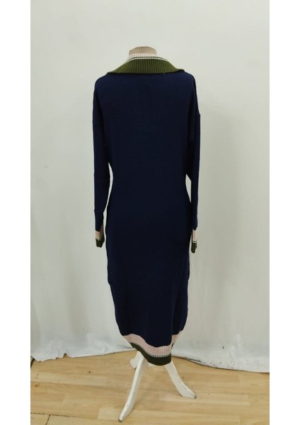 Kadın Uzun Kollu Yakalı Çok Renkli Triko Uzun Elbise