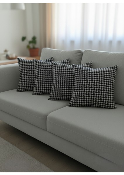 Gri Siyah Kazayağı Desenli Dekoratif 4'lü Yastık Kırlent Kılıfı Takımı