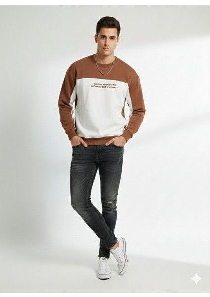 Erkek Bisiklet Yaka Çift Iplikli Baskılı Içi Pamuklu Sweatshirt