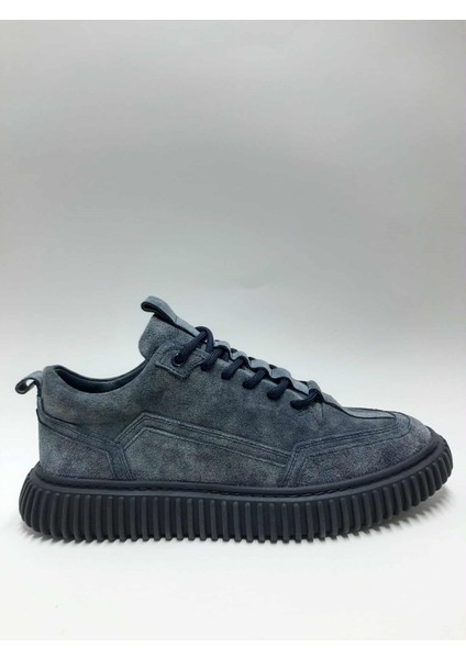 Hakiki Deri Süet Bağcıklı Lacivert Kauçuk Taban Geniş Kalıp Sneaker Kışlık Erkek Ayakkabı C-3234148RCRD