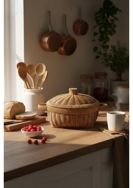 Rattan Hasır Tencere Sepet Ekmeklik Kulplu Kapaklı Büyük Boy 28,5 cm