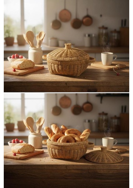 Rattan Hasır Tencere Sepet Ekmeklik Kulplu Kapaklı Büyük Boy 28,5 cm fiyatları