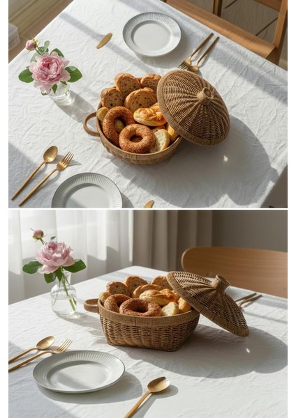 Rattan Hasır Tencere Sepet Ekmeklik Kulplu Kapaklı Büyük Boy 28,5 cm modelleri