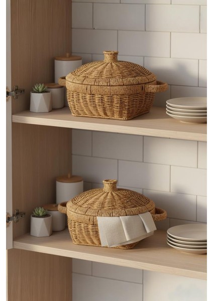 Rattan Hasır Tencere Sepet Ekmeklik Kulplu Kapaklı Büyük Boy 28,5 cm fırsatları