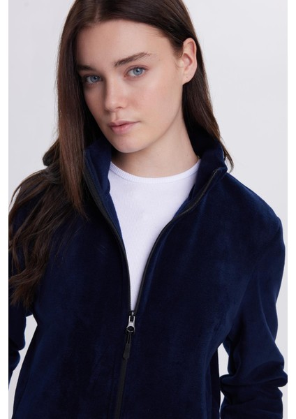 Kadın Lacivert Anti-Pilling Tüylenme Yapmayan Standart Fit Tam Fermuarlı Soğuk Geçirmez Polar Hırka