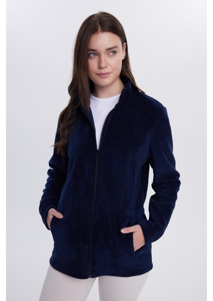 Kadın Lacivert Anti-Pilling Tüylenme Yapmayan Standart Fit Tam Fermuarlı Soğuk Geçirmez Polar Hırka fırsatları