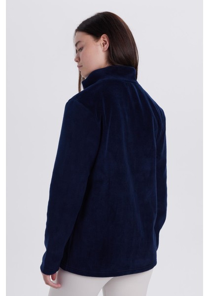 Kadın Lacivert Anti-Pilling Tüylenme Yapmayan Standart Fit Tam Fermuarlı Soğuk Geçirmez Polar Hırka