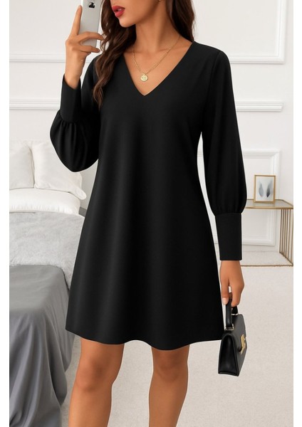 Kadın Uzun Kollu V Yakalı Kısa Ithal Krep Elbise