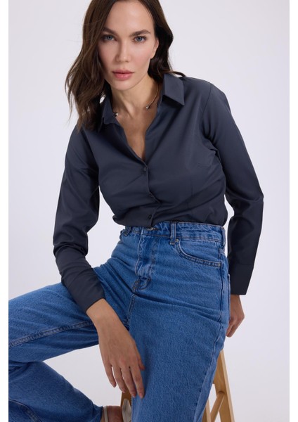Kadın Slim Fit Dar Kesim Klasik Yaka Uzun Kollu Antrasit Gömlek fiyatları