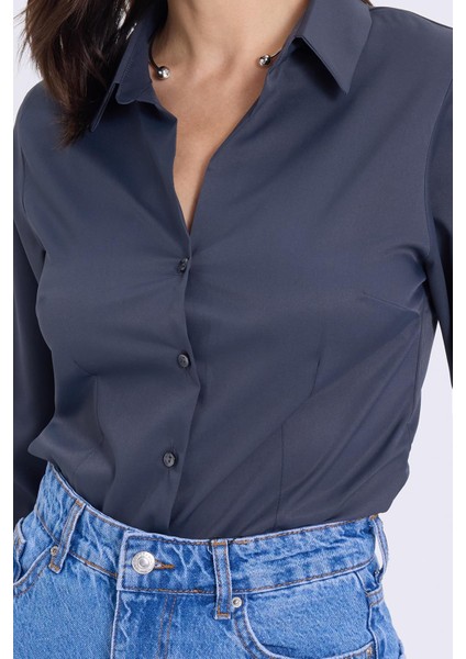 Kadın Slim Fit Dar Kesim Klasik Yaka Uzun Kollu Antrasit Gömlek modelleri