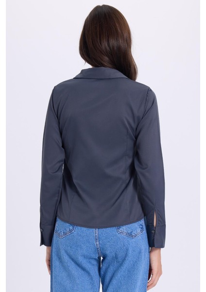 Kadın Slim Fit Dar Kesim Klasik Yaka Uzun Kollu Antrasit Gömlek