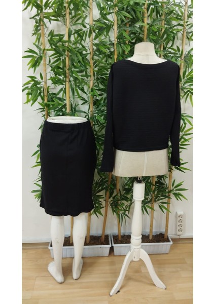 Kadın Uzun Kollu Iki Yanı Açık Yaka Detaylı Bluz ve Etek Şardonlu Kaşkorse Ikili Takım