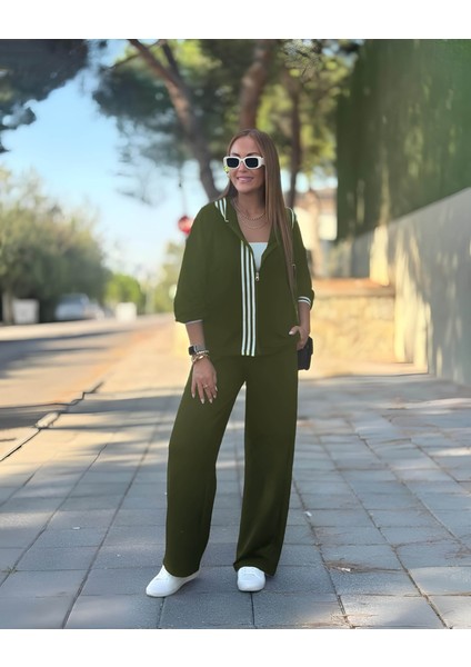 Kadın Uzun Kollu Kapşonlu Onu Şerit Detaylı Fermuarlı Viskon Iki Iplik Bluz ve Pantolon Ikili Takım modelleri