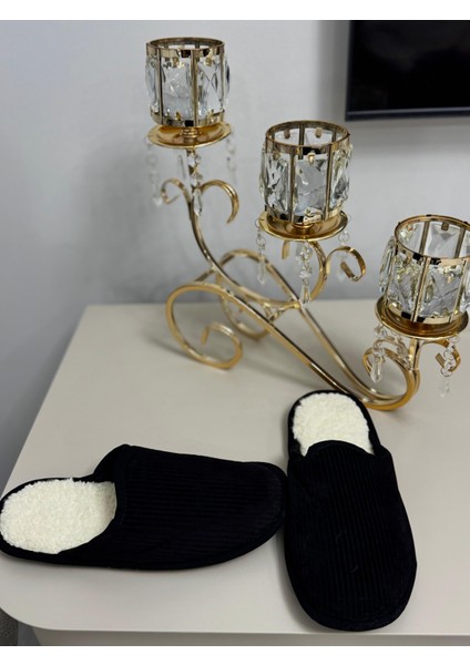 Siyah Içi Kürklü Dikişli Kaymaz Taban Unisex Kışlık Ev Terliği modelleri