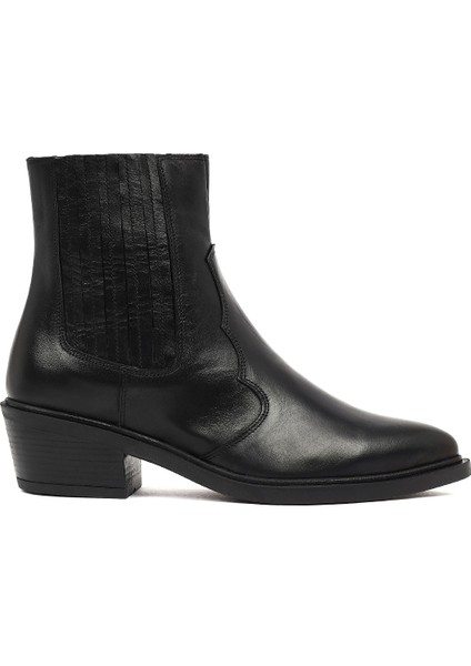 Kadın Siyah Kısa Kalın Topuklu Deri Kovboy Bot 25WFD182718