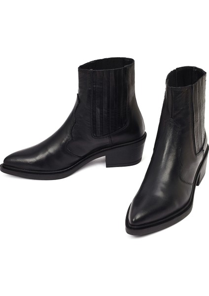 Kadın Siyah Kısa Kalın Topuklu Deri Kovboy Bot 25WFD182718 modelleri