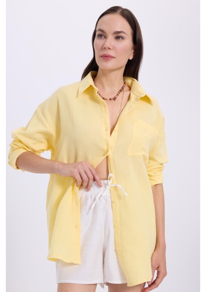 Kadın Oversize Geniş Kesim %100 Pamuk Müslin Kumaş Uzun Kollu Cepli Dokulu Sarı Gömlek