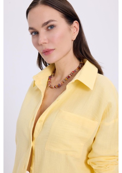Kadın Oversize Geniş Kesim %100 Pamuk Müslin Kumaş Uzun Kollu Cepli Dokulu Sarı Gömlek fiyatları