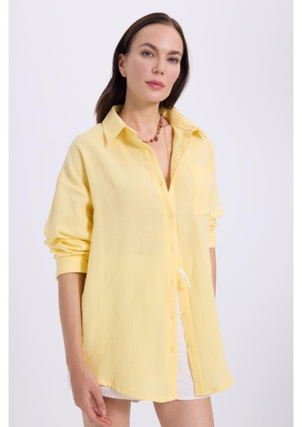 Kadın Oversize Geniş Kesim %100 Pamuk Müslin Kumaş Uzun Kollu Cepli Dokulu Sarı Gömlek fırsatları