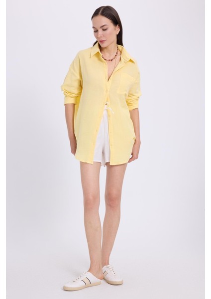 Kadın Oversize Geniş Kesim %100 Pamuk Müslin Kumaş Uzun Kollu Cepli Dokulu Sarı Gömlek indirimleri