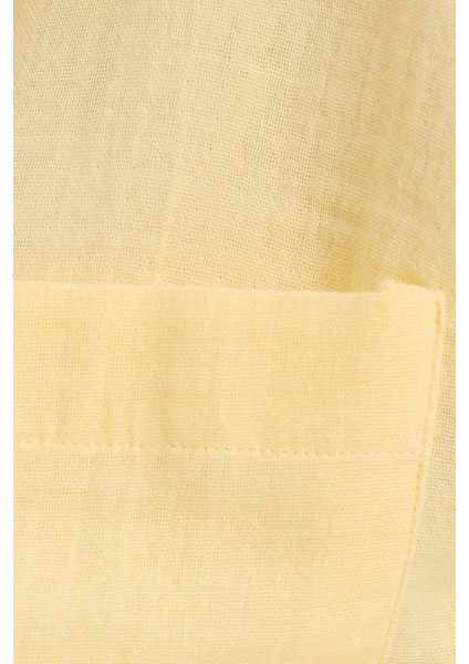 Kadın Oversize Geniş Kesim %100 Pamuk Müslin Kumaş Uzun Kollu Cepli Dokulu Sarı Gömlek