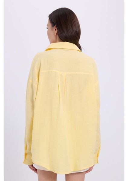 Kadın Oversize Geniş Kesim %100 Pamuk Müslin Kumaş Uzun Kollu Cepli Dokulu Sarı Gömlek