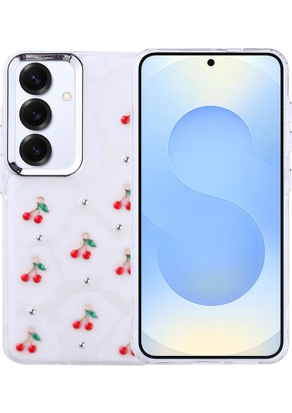 Samsung Galaxy S24 Plus Uyumlu Kılıf Kamera Koruyucu Simli Kiraz Desenli Kabartmalı Şeffaf Slikon Kapak