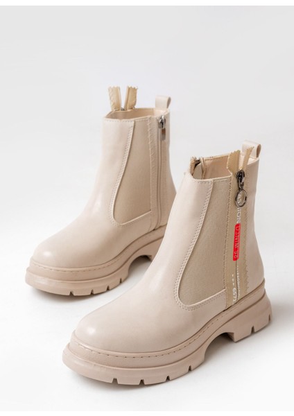 ZRİN-086 Premium Bej Fashion Aksesuarlı Fermuarlı Günlük Kadın Bot