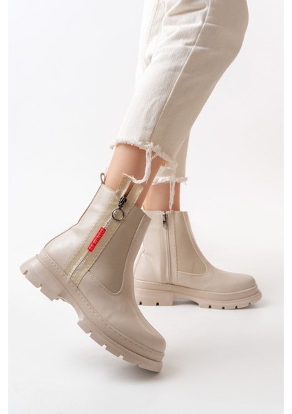 ZRİN-086 Premium Bej Fashion Aksesuarlı Fermuarlı Günlük Kadın Bot modelleri