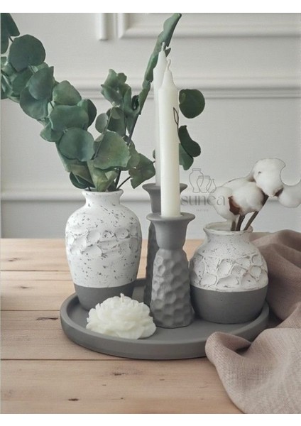 Dekoratif Vazo Şamdan Mumluk Tepsi Set, 5'li Dekoratif Obje Biblo Takım