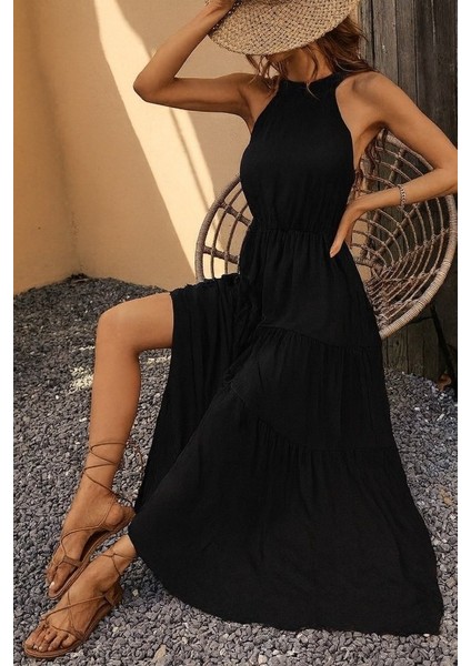 Kadın Kolsuz Halter Yaka Beli Lastiklidesenli Mikro Elbise